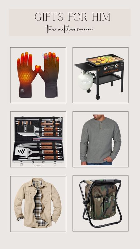 Gift guide for the outdoorsman and/or griller. Heated gloves for outdoor activities, black stone grill, grilling accessories, clothing for men, backpack stool for hunting 

#LTKGiftGuide #LTKCyberWeek #LTKmens