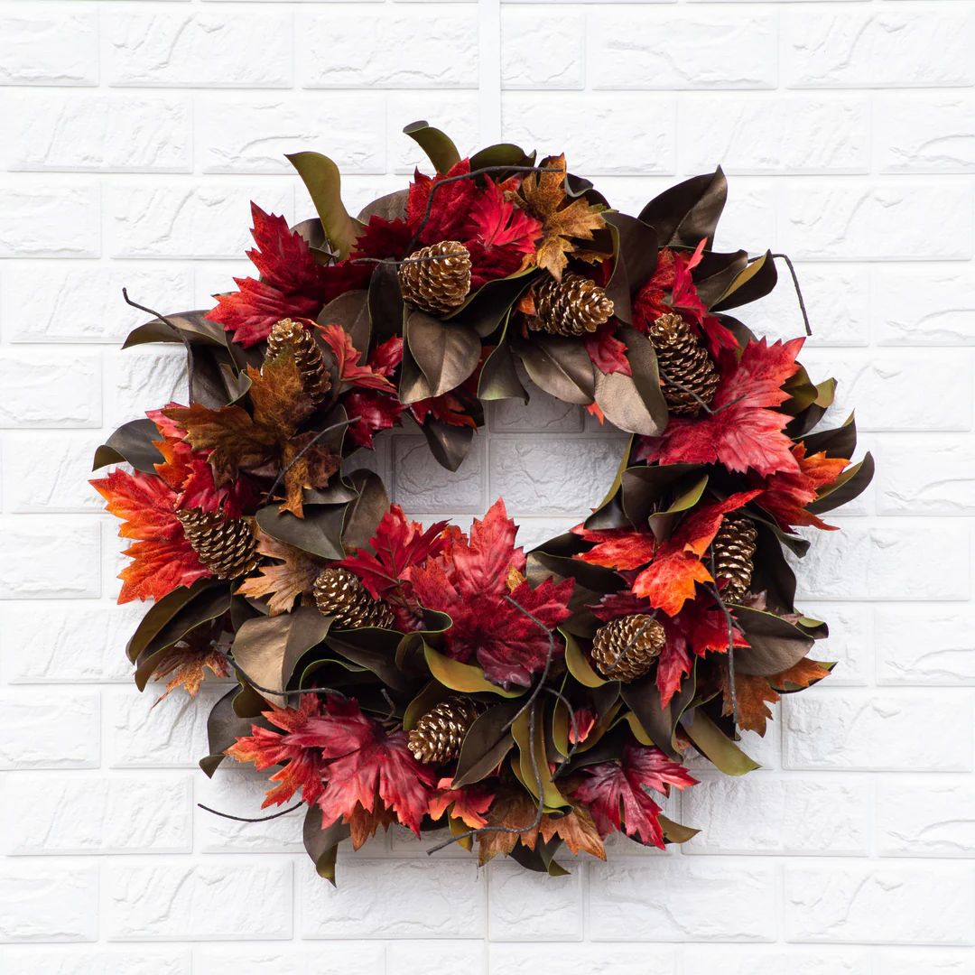 Gold Leaf Pinecone, Brown Magnolia & Autumn Red Maple Leaves Front Door Fall Wreath | Darby Creek Trading