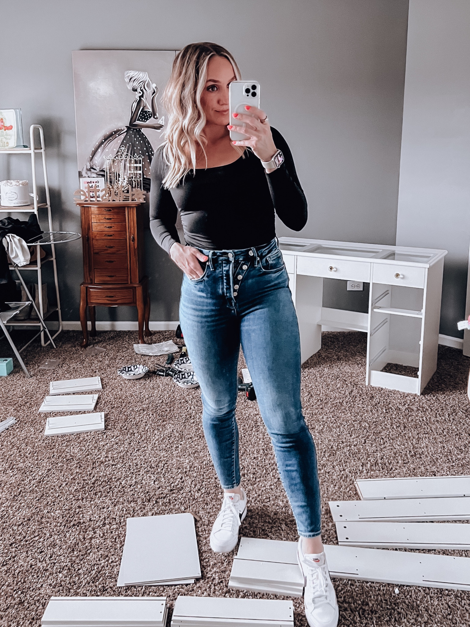 Date night outfit, girls night outfit, casual outfit, long sleeve shirt, long sleeve crop top, black top, black shirt, neutral outfit, nike sneakers, white sneakers, white shoes, white gym shoes, nike gym shoes, jeans and a top, cute outfit ideas, outfit inspo

#LTKfindsunder100 #LTKstyletip #LTKfindsunder50