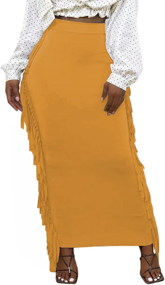Lrady Women's Elastic Waist Slim Bodycon Side Tassels Long Maxi Pencil Skirts | Amazon (US)