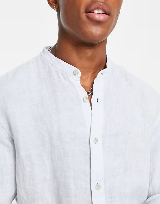Pull&Bear linen grandad shirt in light blue | ASOS | ASOS (Global)