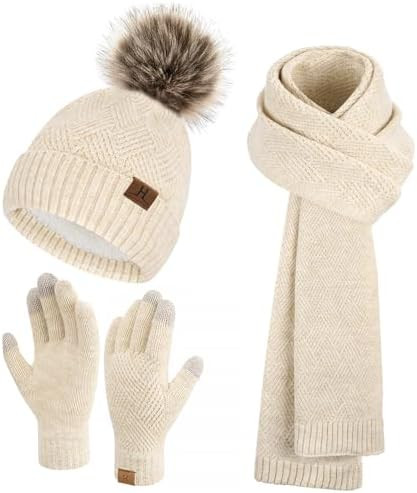 Womens Winter Warm Knit Beanie Hat Long Scarf Touchscreen Gloves Set with Fleece Lined Pom Skull ... | Amazon (US)