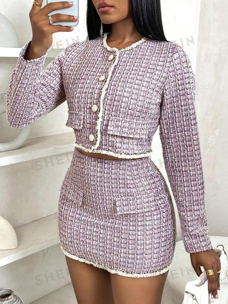 BamGleam 2pcs Women's Plaid Long Sleeve Jacket With Ribbon Trim And Mini Skirt Set, Spring/Autumn... | SHEIN