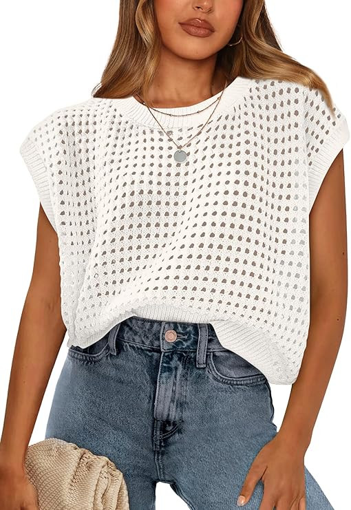 WIHOLL Womens Summer Cap Sleeve Crochet Tops Hollow Out Spring Sweaters Vacation Cruise Outfits F... | Amazon (US)