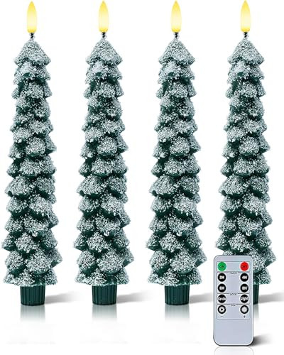 Stmarry 4 PCS Flameless Christmas Tree Candles with Remote, Snow Covered Real Wax Flameless Taper Candles 9.65 Inch, LED Candlesticks Battery Operated with 3D Flickering Flame, Christmas Candles Decor | Amazon (US)