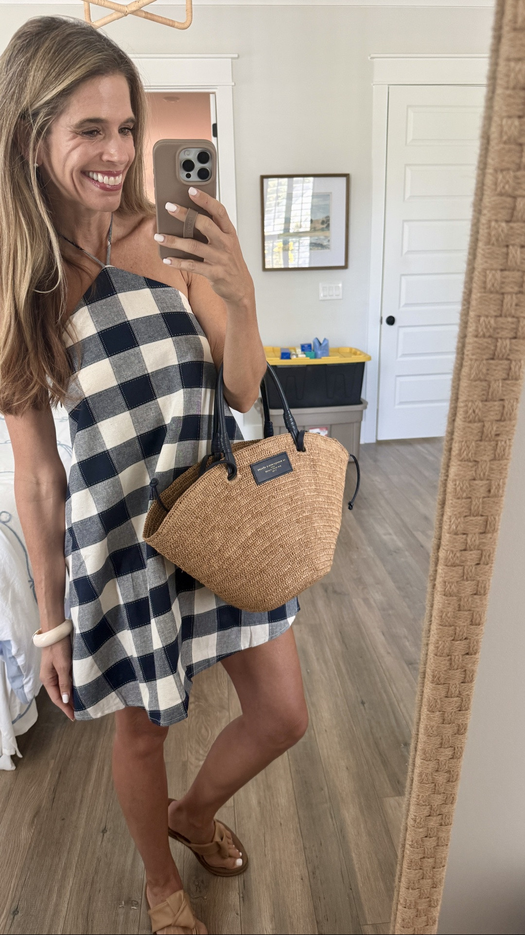 Gingham halter dress with shorts built in. Also comes in red and baby blue. Sezane basket bag. Yellow box sandals are the most comfortable ever!

#LTKSeasonal #LTKOver40 #LTKootd