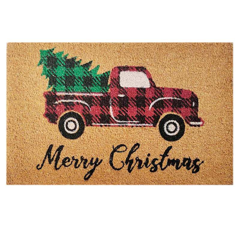 Merry Christmas Plaid Truck Coir Mat, 18x30 | At Home