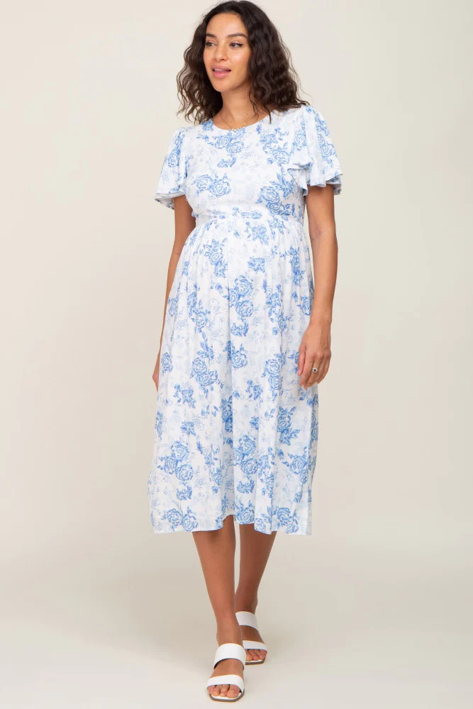 White Floral Short Flutter Sleeve Back Cutout Maternity Midi Dress | PinkBlush Maternity