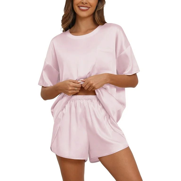 MINTREUS Women's Pajama Set Short Sleeved Silk Satin Pajama Set Soft Shirt Paired with Casual Sho... | Walmart (US)