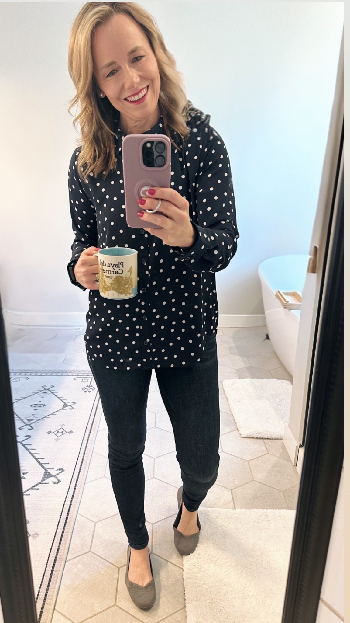 Casual work fit - Jeans + Polka Dots! 💕

Grabbed this fun polka dot button down top in one of my “winter” colors on a recent trip to Macy’s.  Could easily be layered under a blazer too.  Lightweight and a little longer in the back so great for untucked or tucked look.  I’m in a small and would say this brand generally runs slightly big. 

Paired with some fav jeans and shoes for a comfy/stylish work from home fit. Jeans come in regular, petite & plus and I’ve linked a few options.  If between sizes I would size down in these given the stretch. 


#LTKFindsUnder50 #LTKOver40 #LTKWorkwear