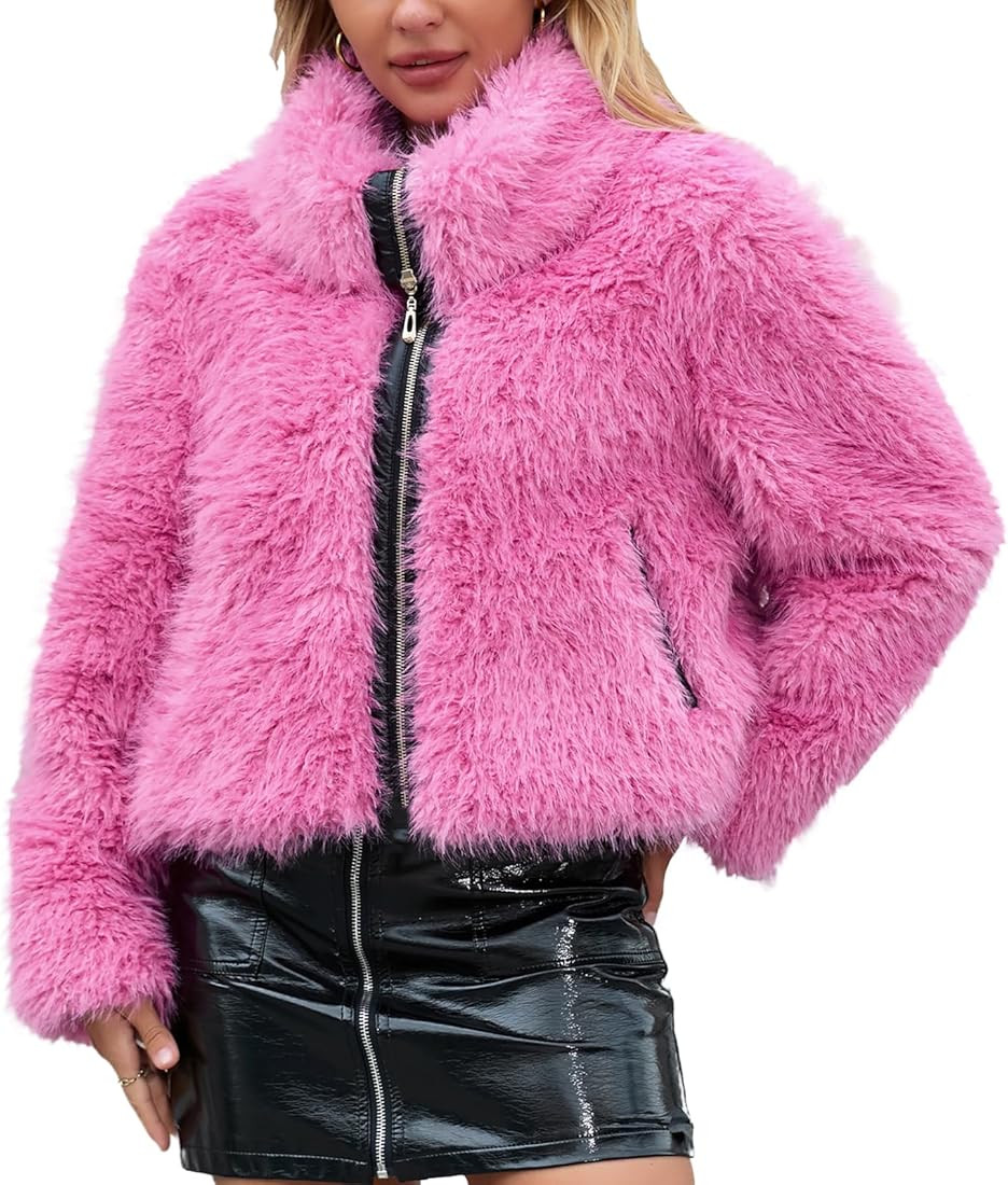 FYYIYI Women Faux Fur Jacket Zip Up Large Turn-Down Collar for Short Jackets Fall and Winter Warm... | Amazon (US)