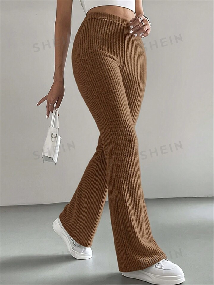 Women's Simple Solid Color Ribbed Pants | SHEIN