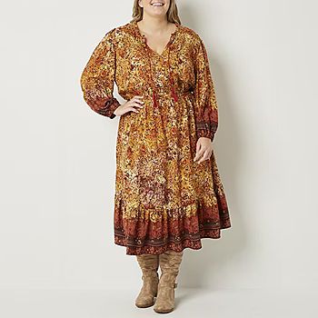 new!Frye And Co Womens Plus - Long Sleeve Midi Boho Dress | JCPenney
