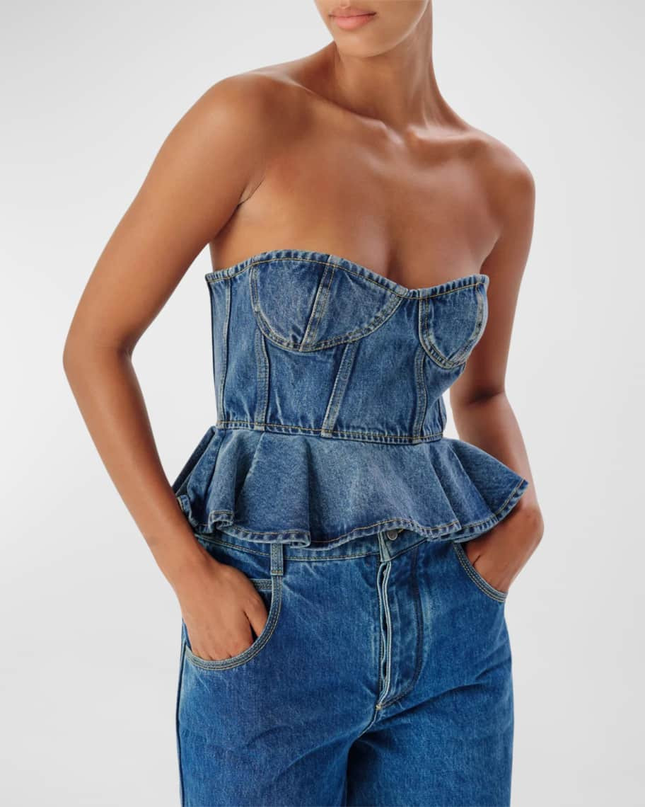 Ronny Kobo Dallas Denim Strapless Bustier Peplum Top | Neiman Marcus