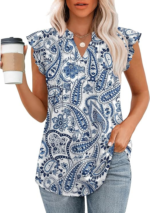 OFEEFAN Summer Tops for Women Button Down Blouses for Women Dressy Casual V Neck T Shirts Ruffle ... | Amazon (US)