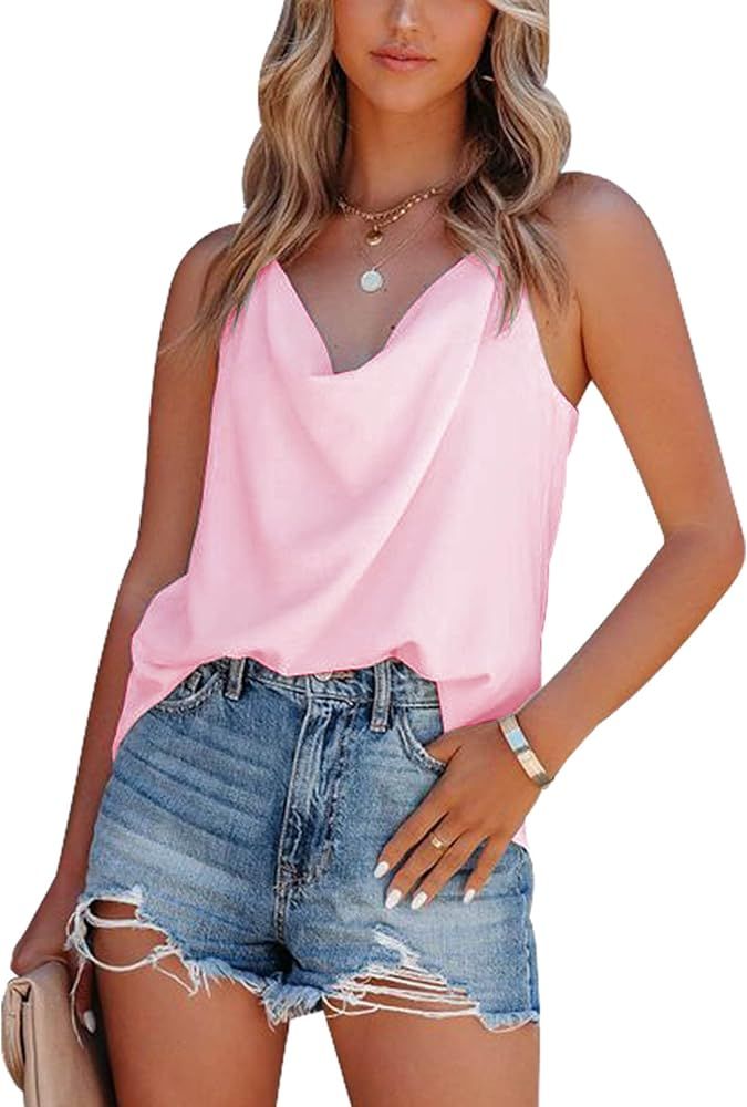 GOORY Cowl Neck Cami Tops for Women Casual Summer Chiffon Sleeveless Tank Tops Summer Strappy Shirts | Amazon (US)