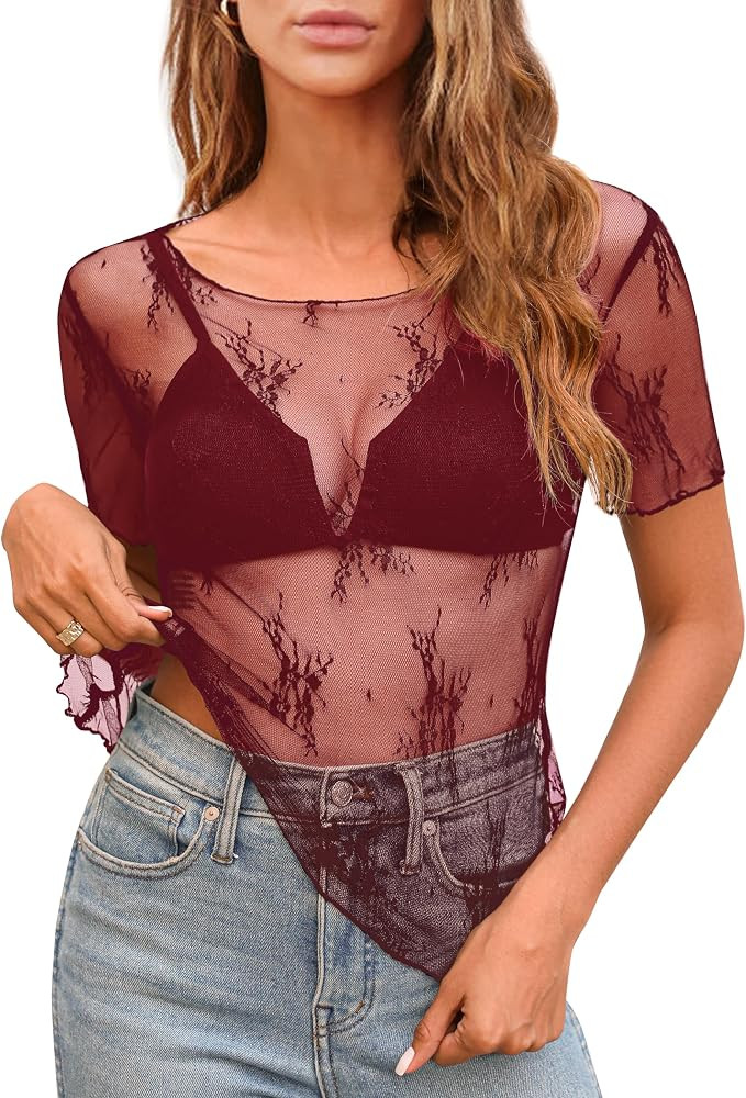 Aoulaydo lace Long Sleeve top for Women mesh Layering top Mock Neck Floral See Through Tops | Amazon (US)