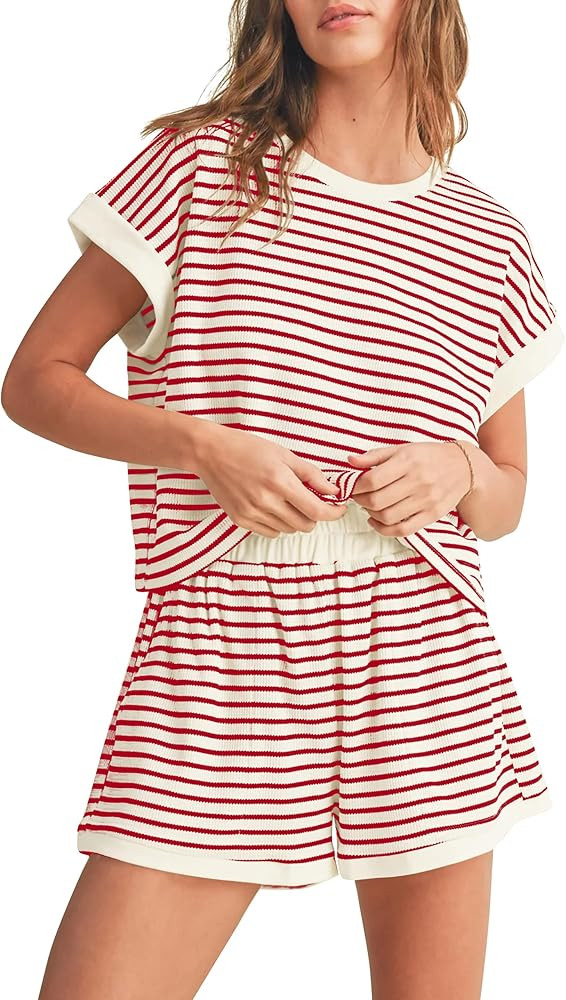 Women 2 Piece Ribbed Knit Pajama Set Striped Short Sleeve Tee Shirts and Shorts Lounge Sets Summe... | Amazon (US)