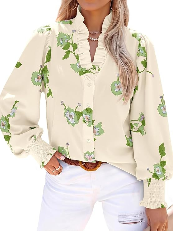 Tankaneo Womens Floral Ruffle Blouses Dressy Casual Long Puff Sleeve Boho Tops V Neck Button Down... | Amazon (US)