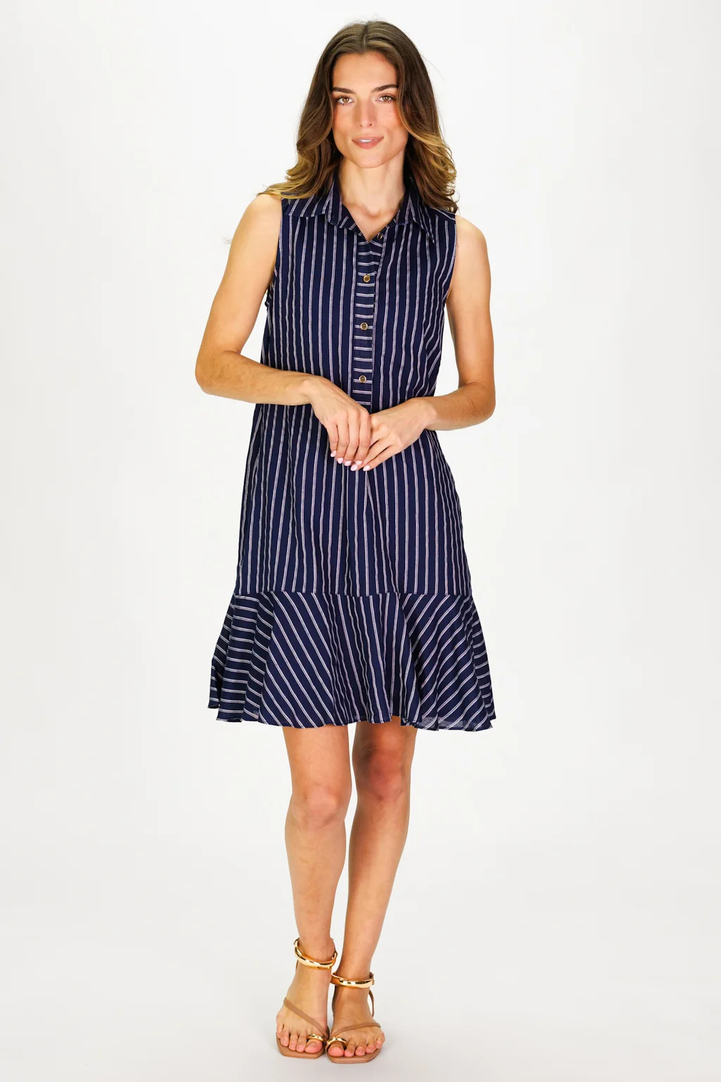Sleeveless Iris Dress in Navy Linen Stripe | Duffield Lane