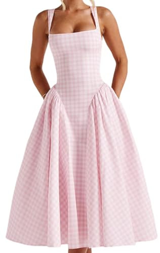 Summer Gingham Long Dress Corset Square Neck Lace Up Casual Sundress Backless A Line Short Dresse... | Amazon (US)