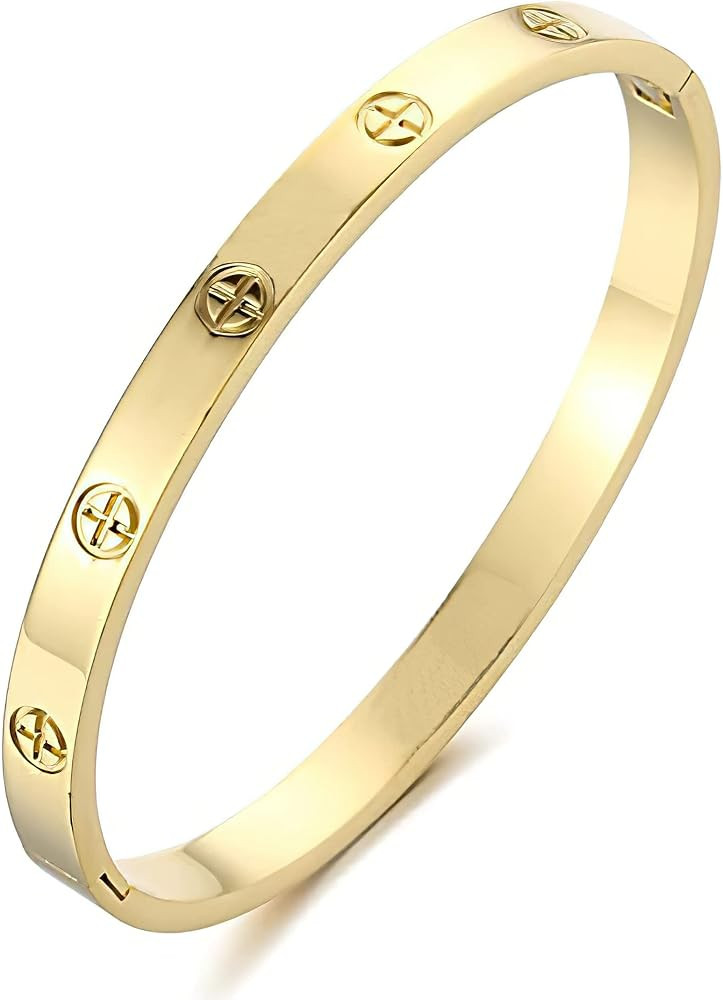 18K Gold Plated Friendship Love Bracelet Women Stainless Steel Cuff Oval Bangle Simple Hinged Ban... | Amazon (US)