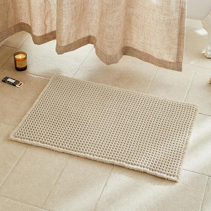 Beige Bathroom Rug, Waffle Bath Mat Non Slip Washable Super Absorbent Quick Dry Boho Farmhouse Ba... | Amazon (US)