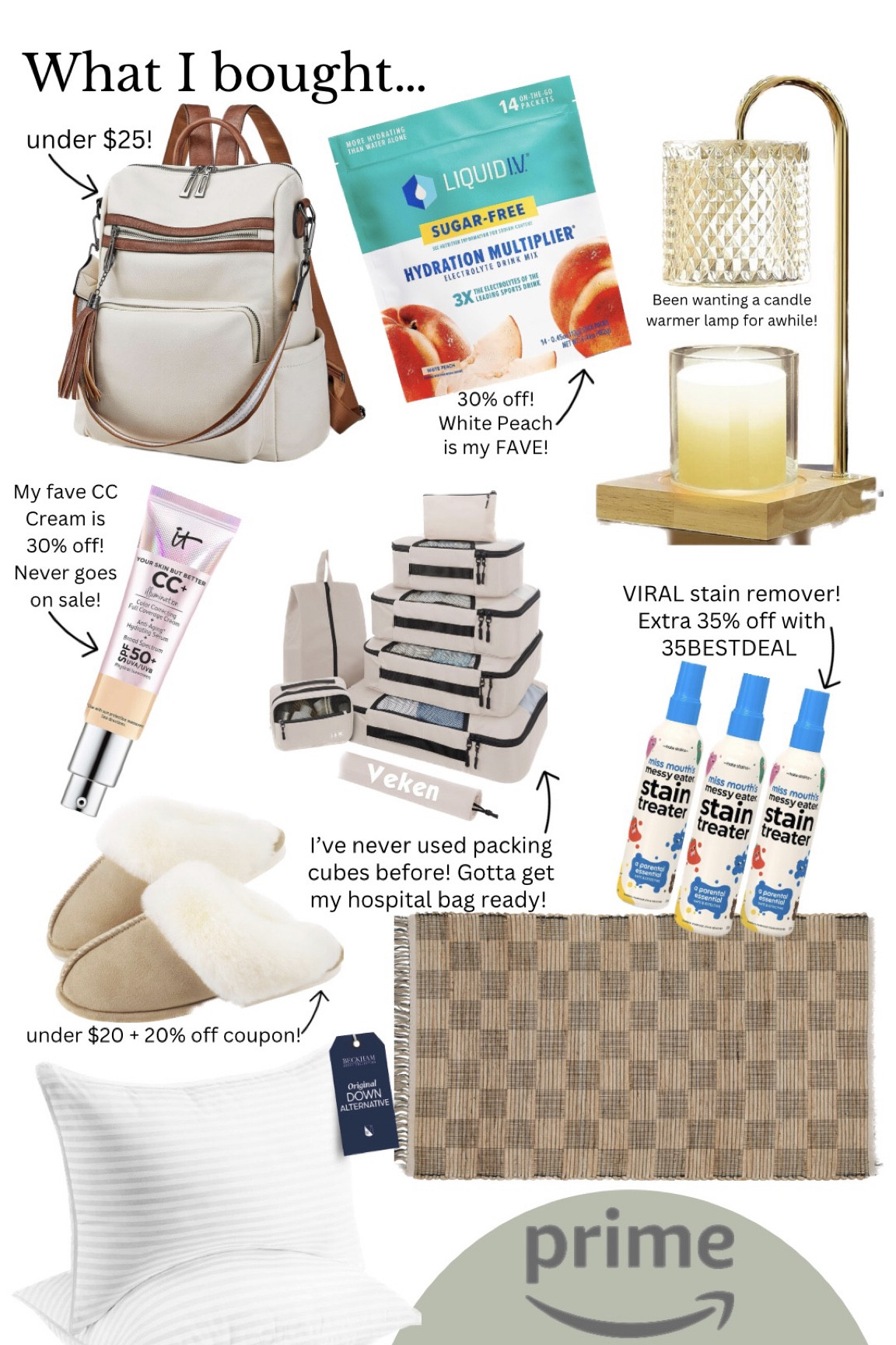 Amazon Prime Deals big deal says! What I bought! Leather backpack liquid iv candle Warmer lamp stain remover jute scatter rug slippers memory foam house shoes packing cubes cc cream from it cosmetics best seller selling pillows from Beckham hotel collection finds steals and deals 

#LTKxPrime #LTKfindsunder50 #LTKhome