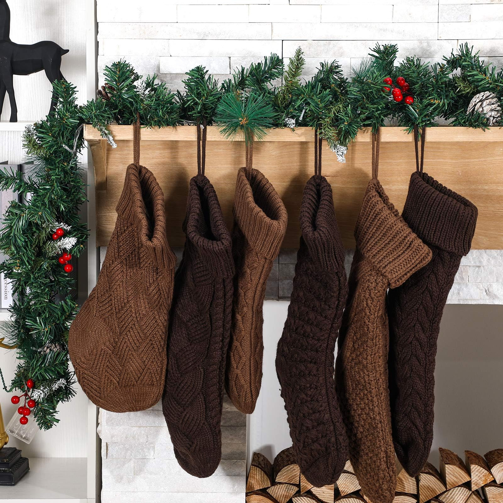 Syhood 6 Pack Cable Knit Christmas Stockings 18'' 15'' Large Knitted Stockings Ornaments Farmhouse Xmas Rustic Boho Decorations for Family Holiday Decor, 6 Styles(Brown) | Amazon (US)