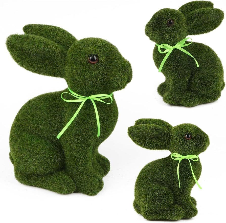 3Pcs Moss Bunny Easter Furry Flocked Bunny Moss Rabbit Easter Statue Artificial Grass Bunny Turf ... | Amazon (UK)