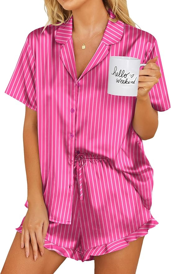 Ekouaer Womens Satin Pajamas Set Button Down 2 Piece Silk Pjs Shorts Set Ruffle Lingerie Notch Co... | Amazon (US)