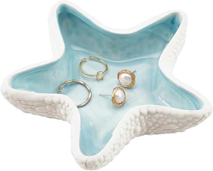NBEADS Starfish Shape Ceramic Jewelry Tray, Aqua Shell Trinket Dish Ceramic Ring Earring Holder O... | Amazon (US)