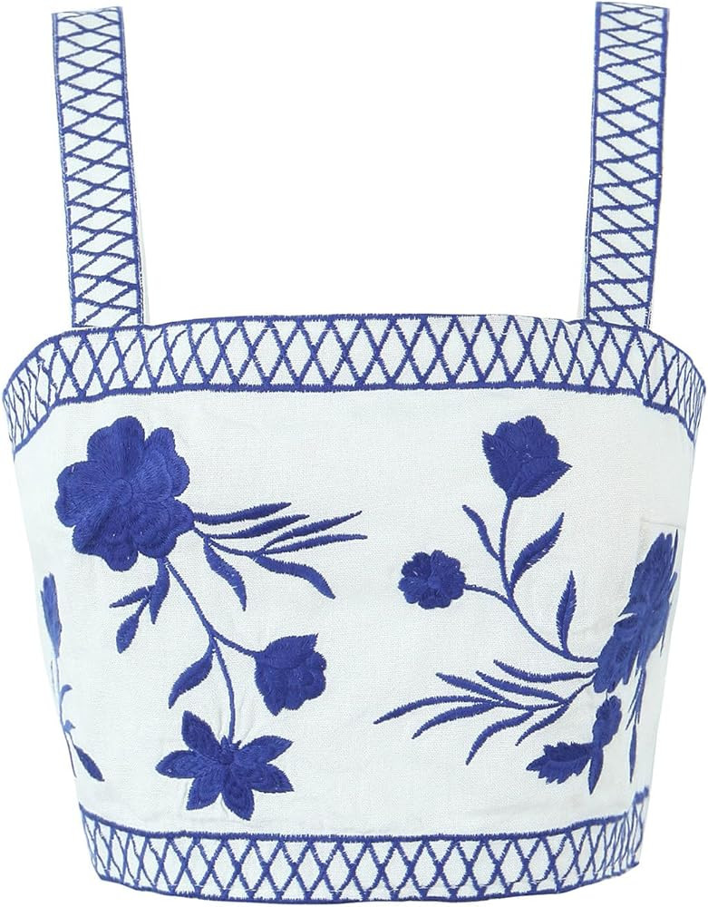 Women's Floral Embroidery Wide Strap Boho Crop Tops Square Neck Sleeveless Summer Cami Shots | Amazon (US)