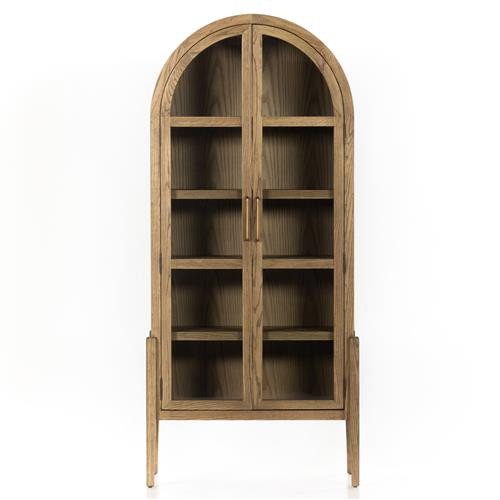 Ivan Mid Century Brown Solid Oak Wood 2 Glass Door Arched Display Case | Kathy Kuo Home