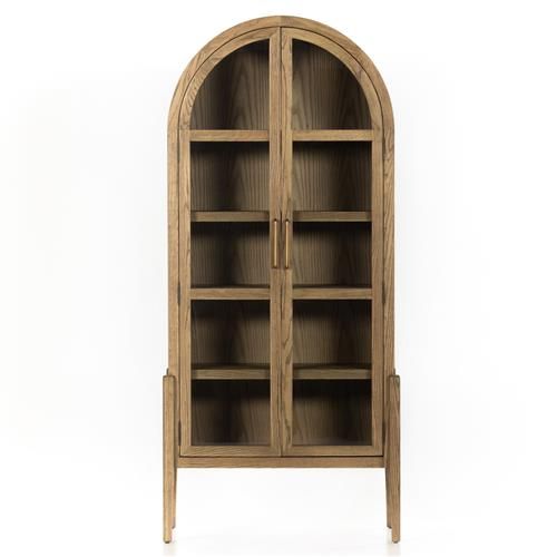 Ivan Mid Century Clear Glass Brown Solid Oak Wood 2 Door Arched Display Case | Kathy Kuo Home