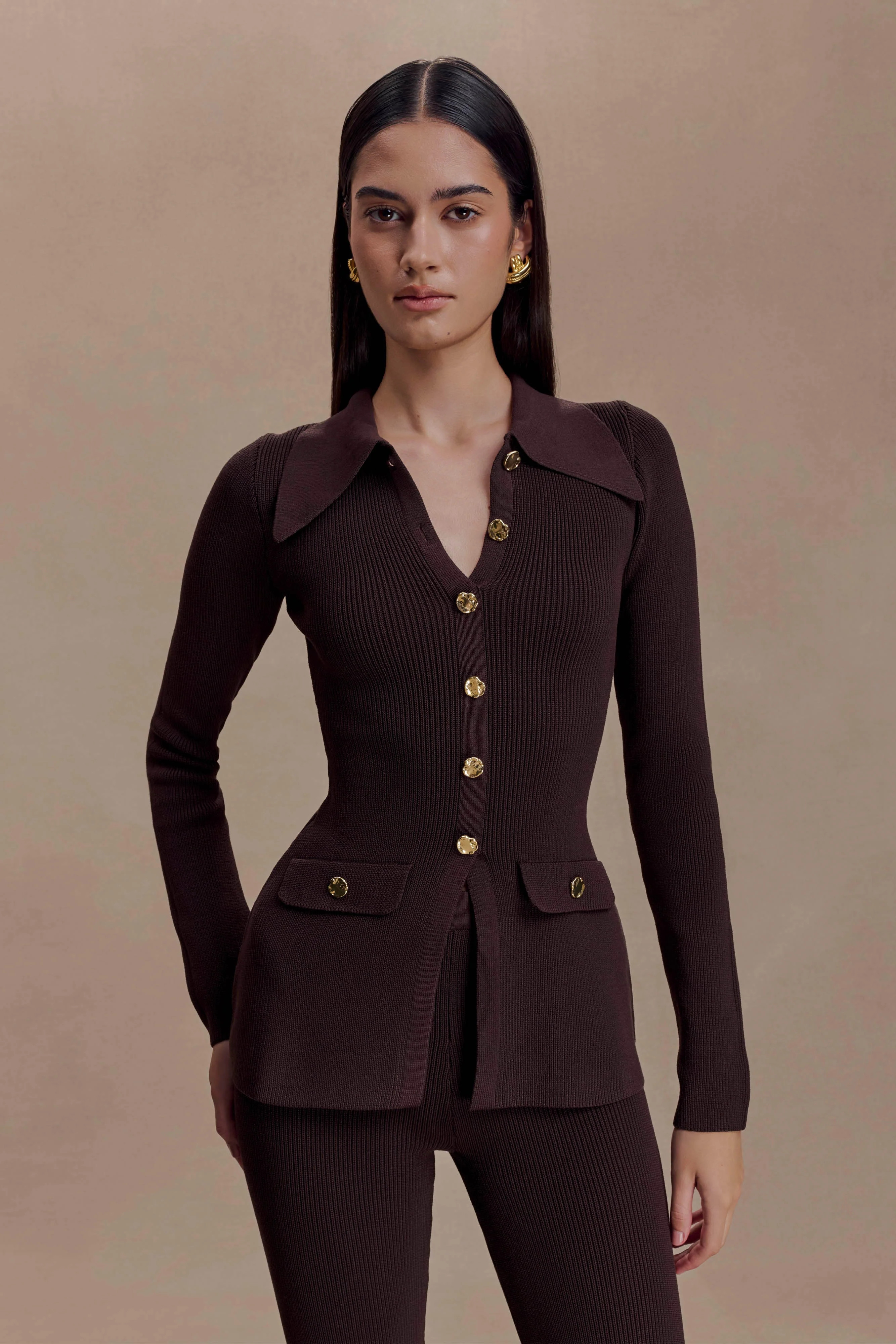 Ribbed Long Sleeve Longline Top - Chocolate | MESHKI US