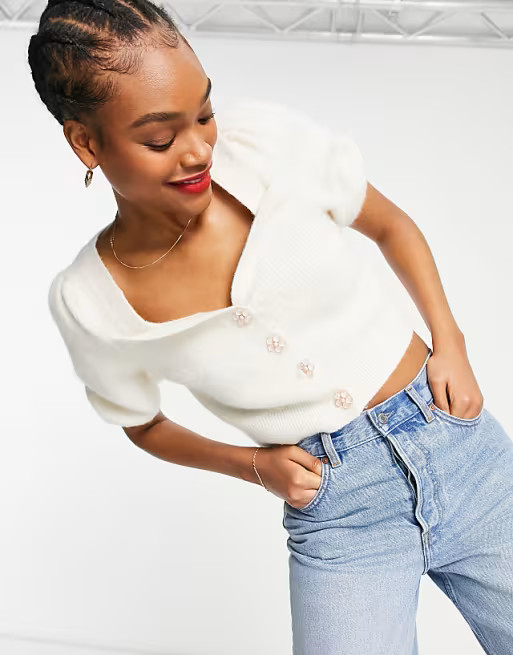 & Other Stories short puff sleeve cardigan with gem buttons in cream | ASOS (Global)