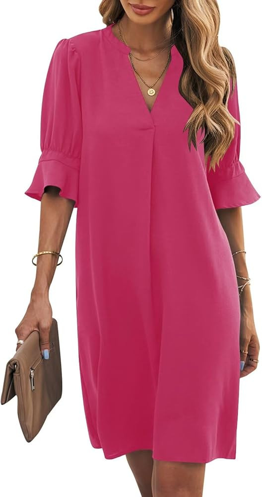 Wkior Shift Dress for Women V Neck Short Sleeves Solid Color Casual Flowy Summer Dresses(S-2XL) | Amazon (US)
