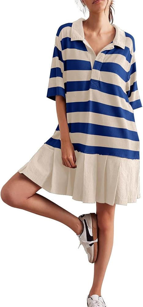 Womens Polo Striped Dress Causal V Neck Collared Short Sleeve Patchwork Pleated A-Line T Shirt Dr... | Amazon (US)