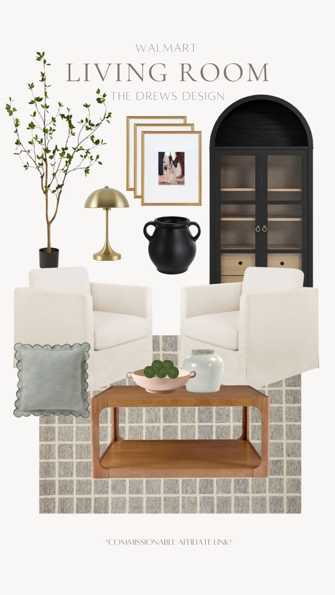 Walmart Living Room Design Inspo 

A perfectly curated living room with classic furniture pieces and designer inspired decor 

Faux tree, gold photo frames, arched cabinet, black decor vase, gold table lamp, cream chairs, scallop throw pillow, decor bowl, white vase, moss ball filler, wood coffee table 

#LTKHome #LTKStyleTip #LTKFamily