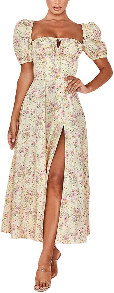 Floral Milkmaid Dress for Women Y2k Square Collar Puff Sleeve Dresses Summer Boho Split Maxi Sund... | Amazon (US)