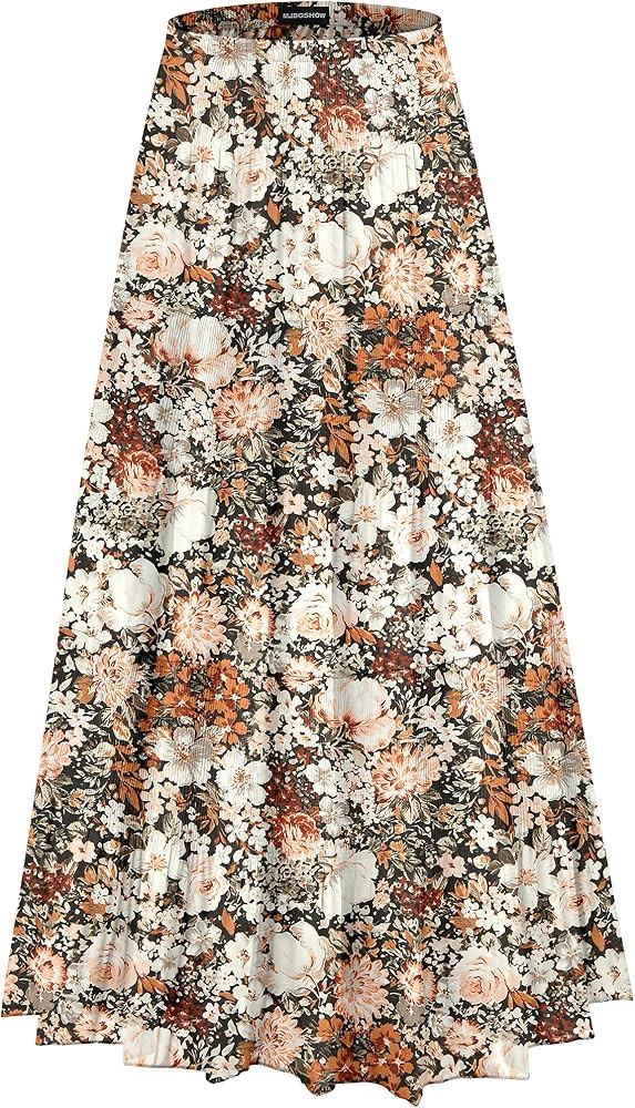 Womens Chiffon Long Skirt Elastic High Waist Floral Maxi Skirts Tiered Pleated A Line Boho Flowy ... | Amazon (US)