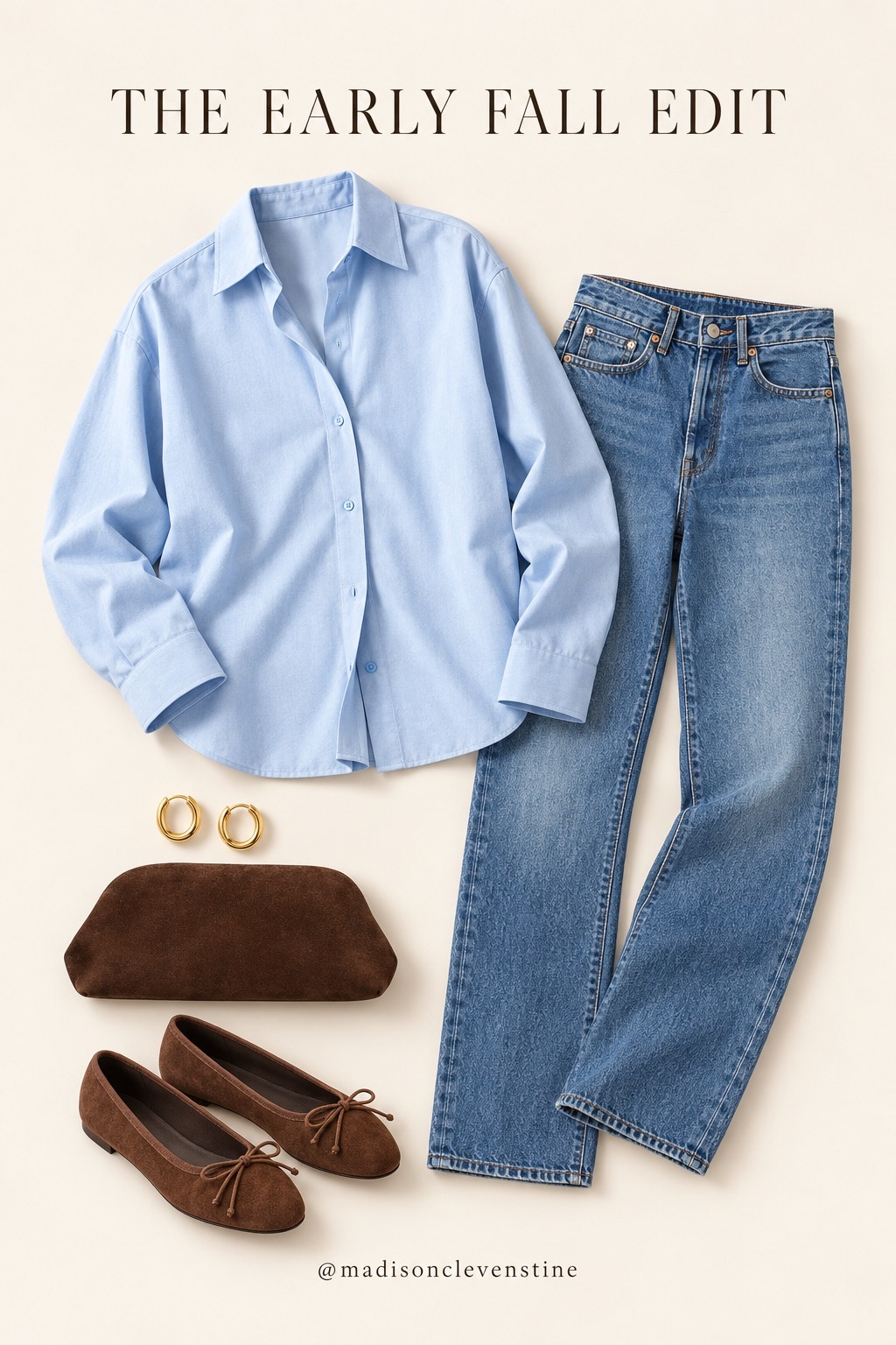 My classic fall uniform 🤍 an oversized light blue button-down with straight-leg jeans, suede ballet flats and gold hoops. Simple, timeless, endlessly re-wearable. #LTKstyle #falloutfits

#LTKSeasonal