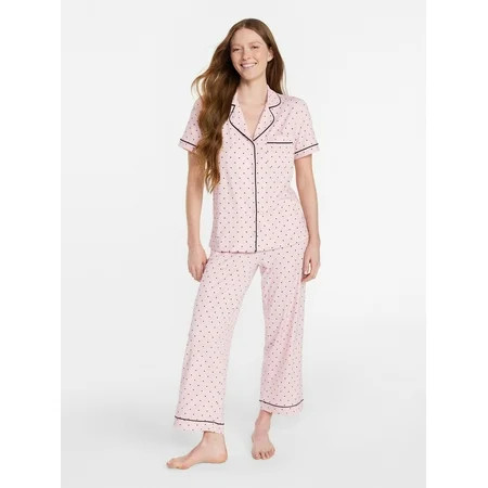 Joyspun Women's Dreamy Soft Collection Notch Knit Top and Capri Pants Pajama Set, 2-Piece, Sizes XS-3X | Walmart (US)