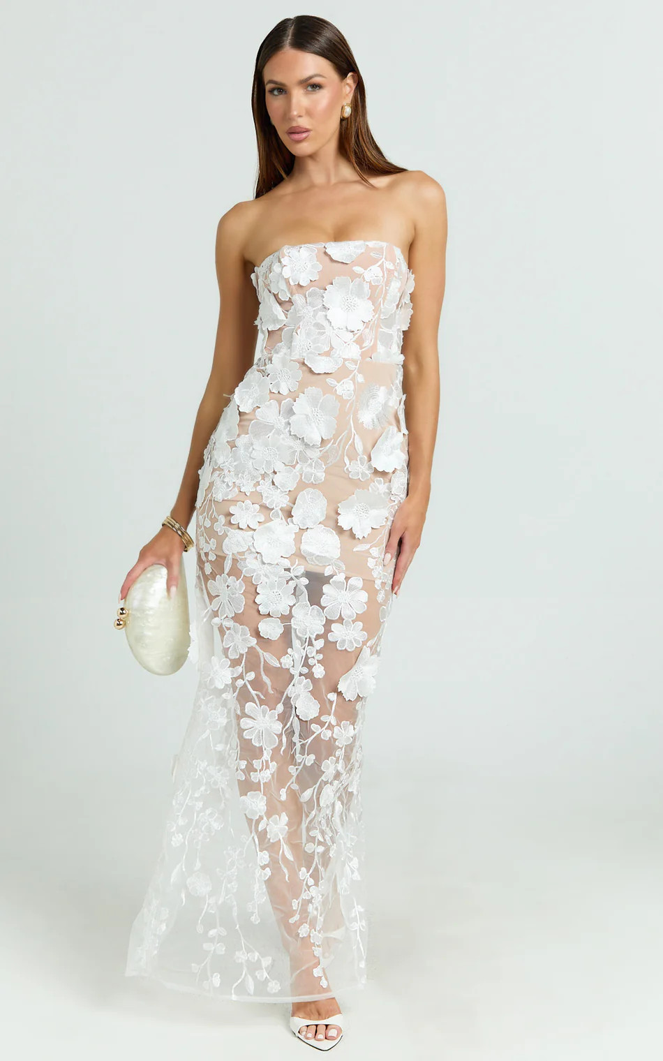 3D Floral Strapless Column Dress in White | Showpo (ANZ)