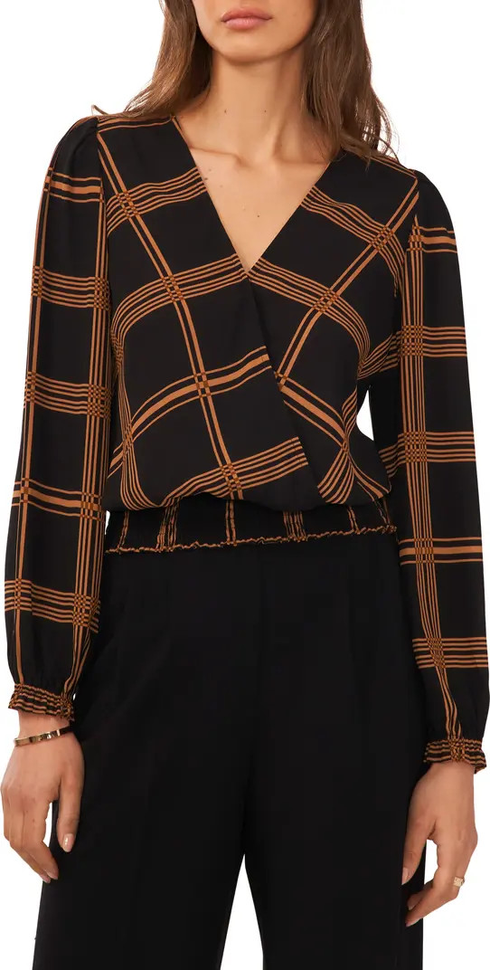 Halogen® Windowpane Plaid Surplice Smock Waist Blouse | Nordstrom | Nordstrom