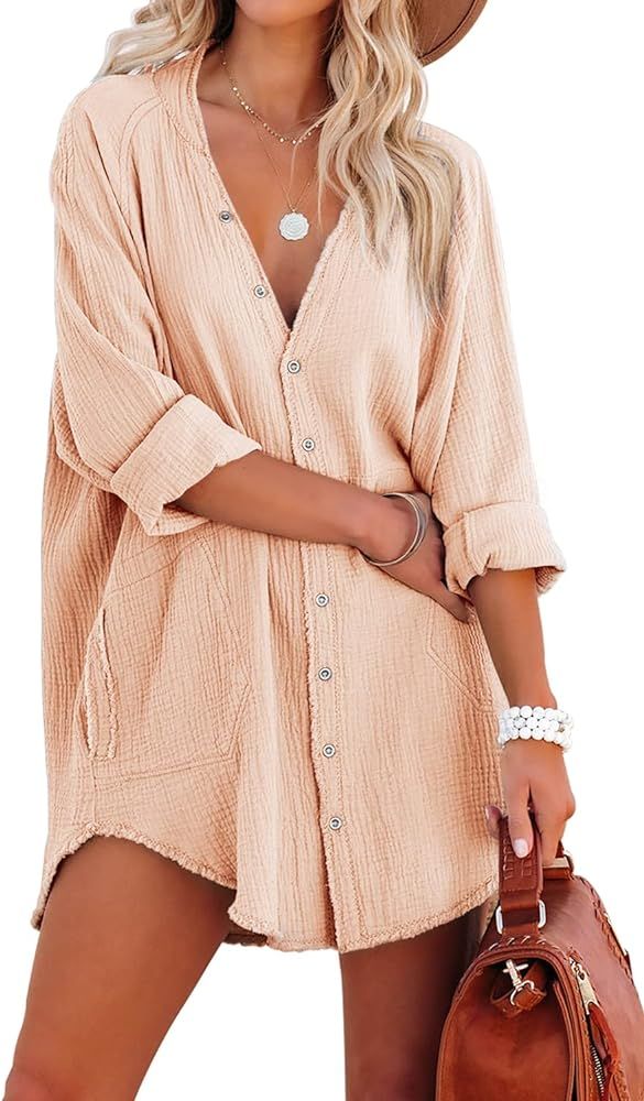 Kalssior Womens Beach Swimsuit Cover Ups Button Down Shirt Bathing Suit Coverup Loose Fit Casual ... | Amazon (US)