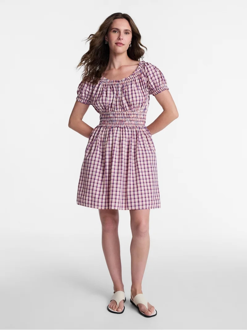 Time and Tru Women's and Women's Plus Cotton Peasant Mini Dress With Puff Sleeves, Sizes XS-4X | Walmart (US)