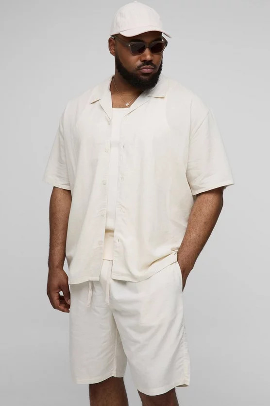 Plus Oversized Linen Look Shirt & Short Set | boohooMAN (US & Canada)