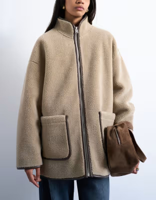 Longline high neck chuck on shearling in teddy | Topshop